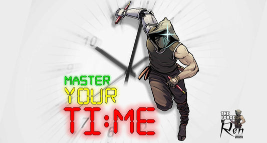 Illustration of Ren, the Metal Ninja Studios mascot, in an action pose with pencils in hand against a blurred clock background. The text 'Master Your Time' in bold neon colors emphasizes time management.