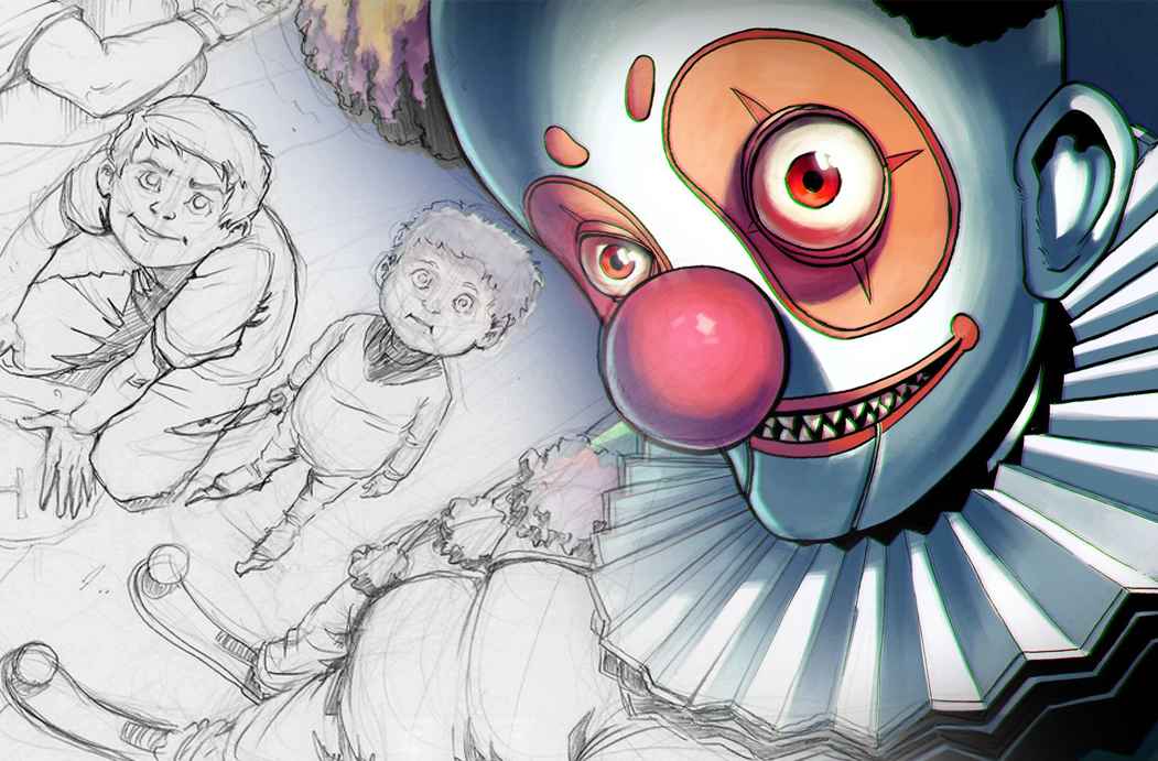 Comic art showcasing a split image of a sinister clown. One side features detailed pencil sketches of children and the clown, while the other reveals the fully colored, menacing clown face with sharp teeth and a glowing red eye. The contrast highlights the comic's creative storytelling and design process.