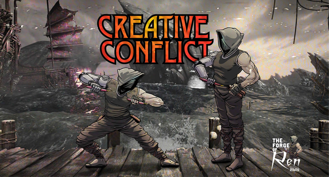 Two hooded characters face off with lettering pens on a stormy dock, symbolizing creative conflict. Bold text reads 'Creative Conflict' with a fiery gradient.