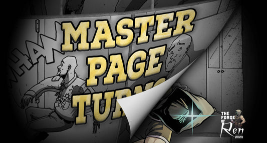 Comic book page turning with bold yellow text reading 'Master Page Turns.' Ren peeks from behind the fold, revealing a dramatic black-and-white scene.