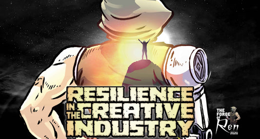 Hooded character stands before a glowing horizon with a small figure triumphantly atop their back. Bold text reads 'Resilience in the Creative Industry.