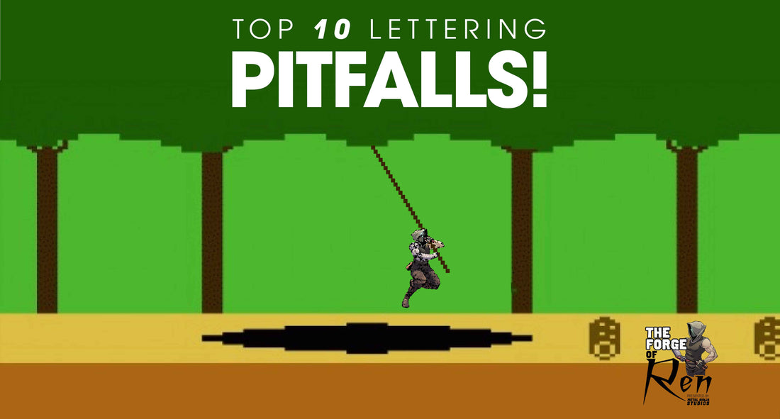 Retro-style blog image showing a character swinging over a pit, symbolizing common pitfalls in comic book lettering. Bold text reads 'Top 10 Lettering Pitfalls!'