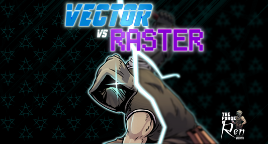 Ren character split by lightning bolt with glowing 'Vector' and pixelated 'Raster' text, symbolizing key differences in graphic formats.