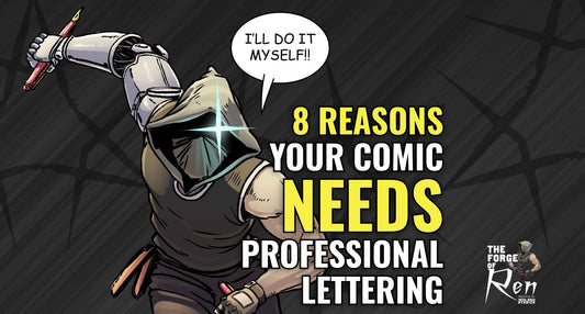 Comic book character promoting professional lettering services with the title '8 Reasons Your Comic Needs Professional Lettering.