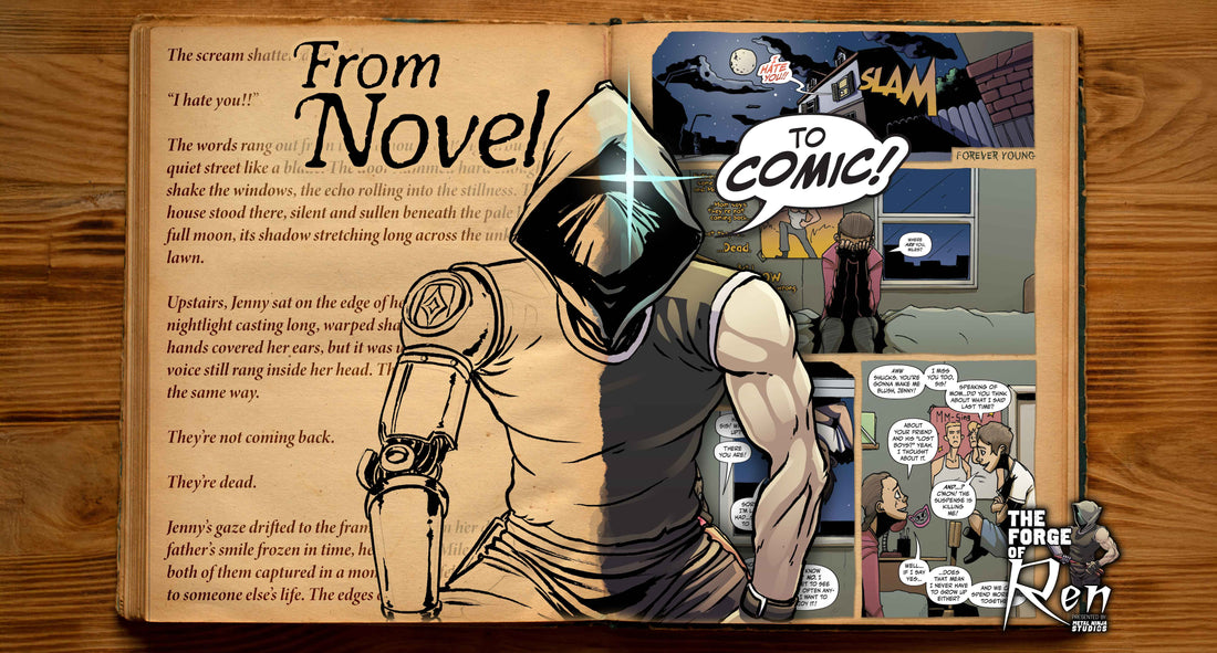 Open book transforming into comic panels, visually representing the process of adapting a novel into a comic, with the Forge of Ren logo in the corner.