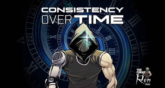 Ren, the Metal Ninja Studios mascot, stands in front of a clock face with the text 'Consistency Over Time,' symbolizing persistence and growth for long-running comics.